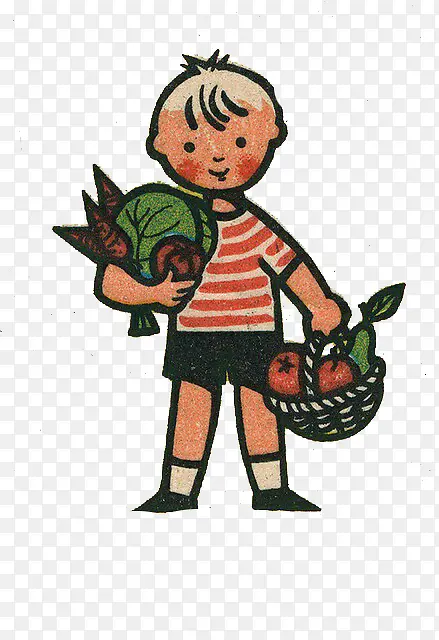 提着水果蔬菜的小男孩