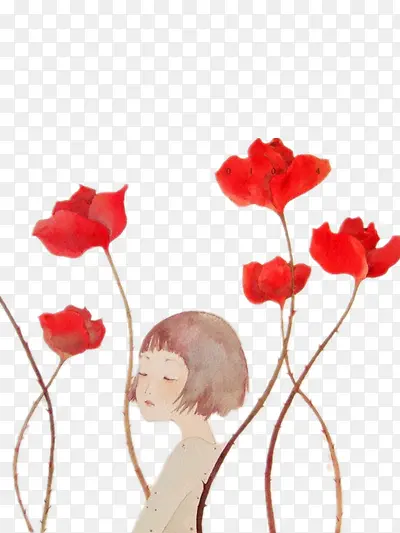 拥抱着红色花朵的女孩