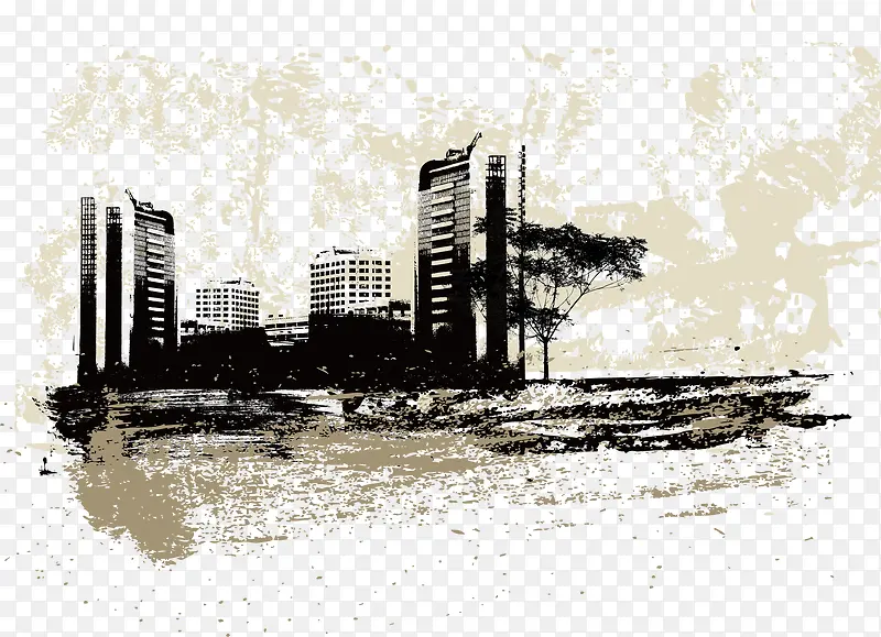 水墨建筑国风海报背景