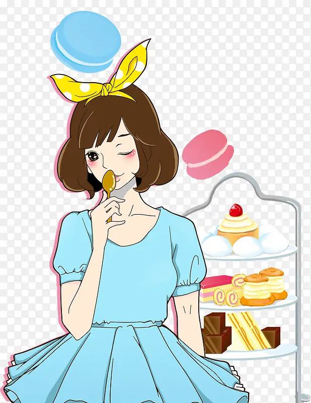 卡通手绘吃甜点的少女插画