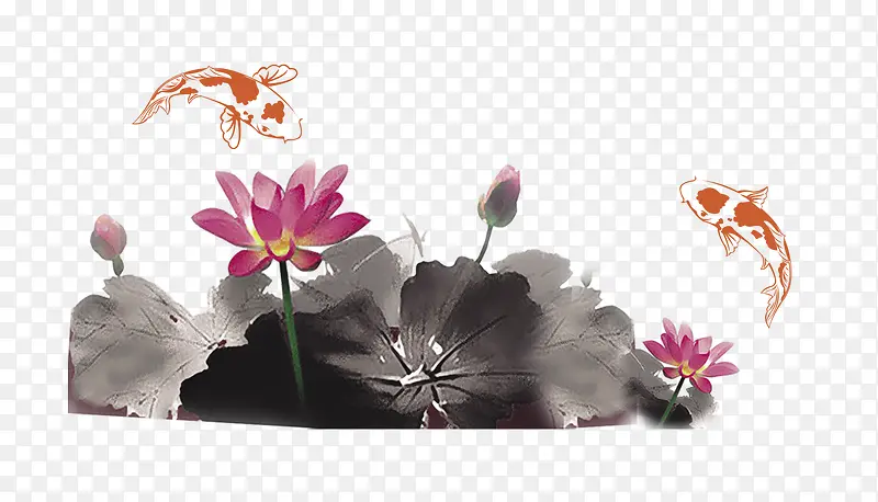 水墨荷花 金鱼PNG图片素材下载_图片编号ykejremz-免抠素材网