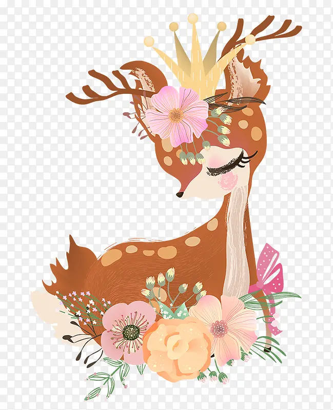 手绘卡通可爱小鹿花卉装饰
