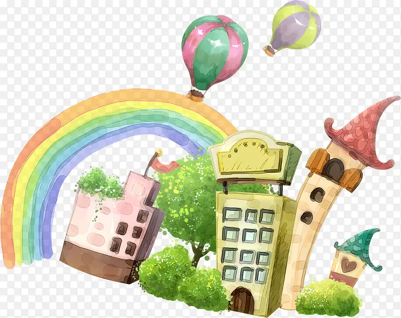 创意手绘建筑热气球彩虹