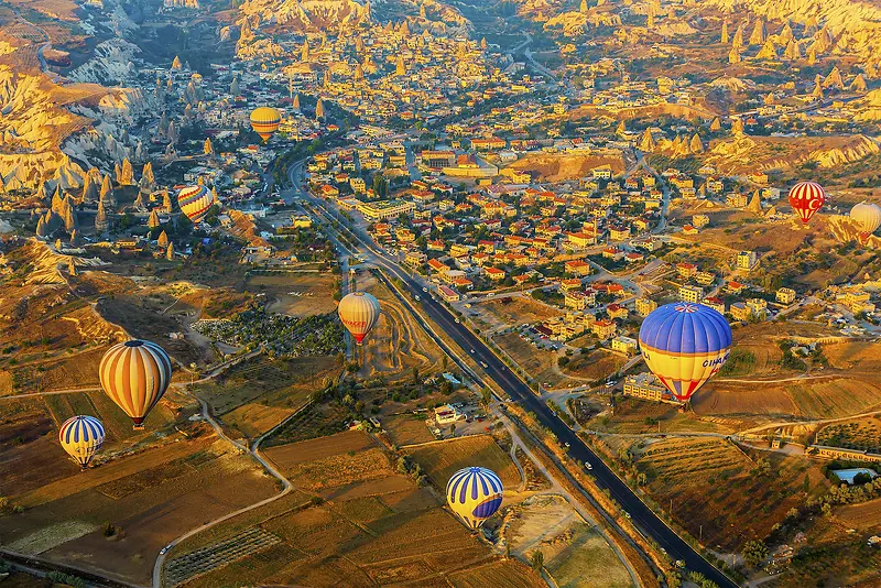 俯视黄色城市热气球海报背景