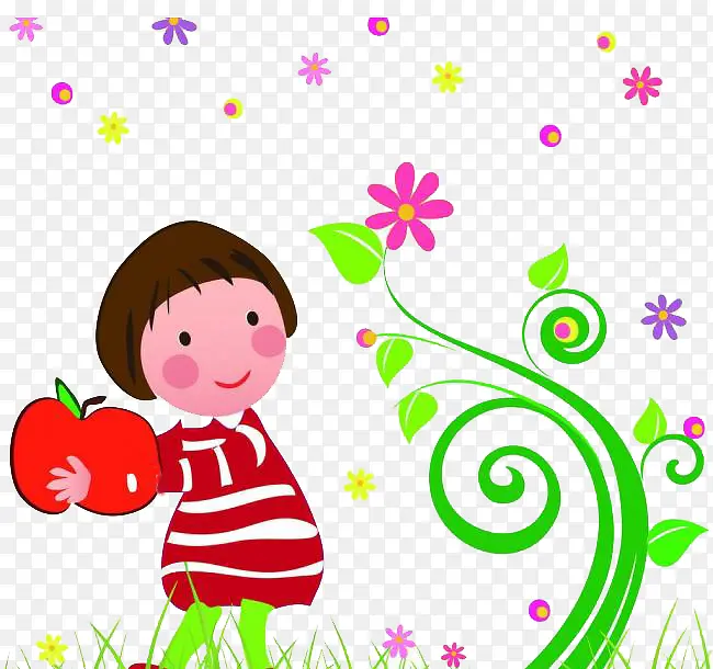 卡通手绘拿苹果的小女孩