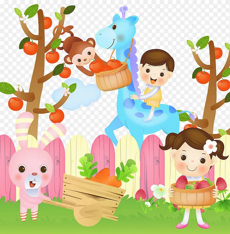 孩子和动物摘苹果