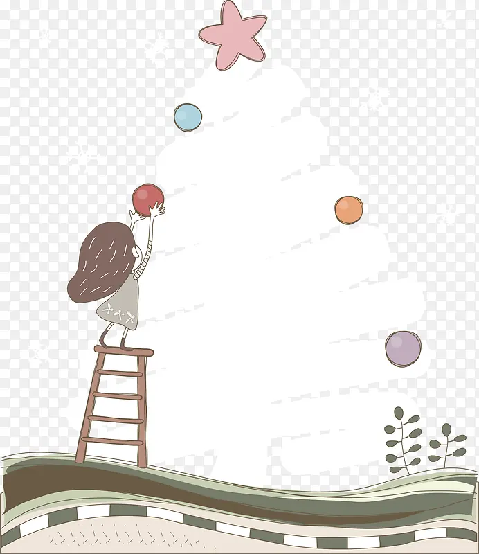 卡通小女孩圣诞树矢量图