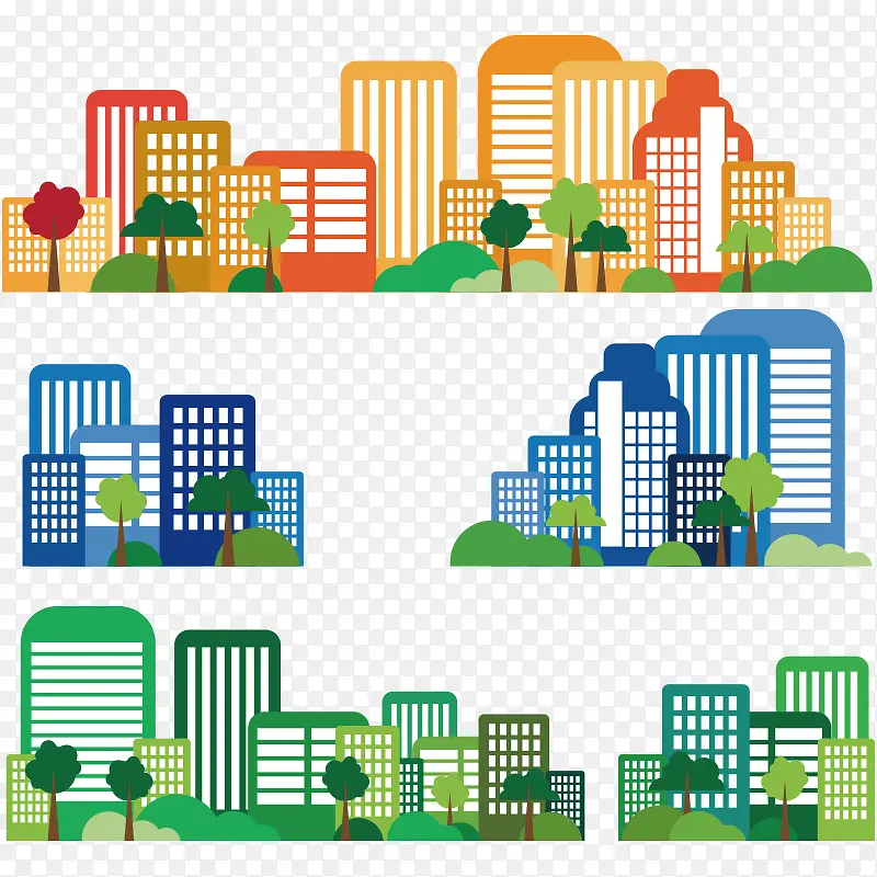 三色扁平圆角城市建筑图案