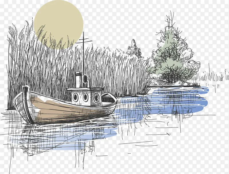 铅笔素描小船和风景