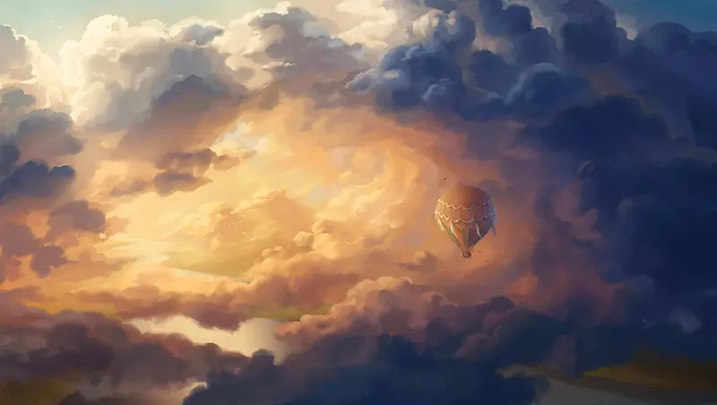 夕阳下乌云里的氢气球