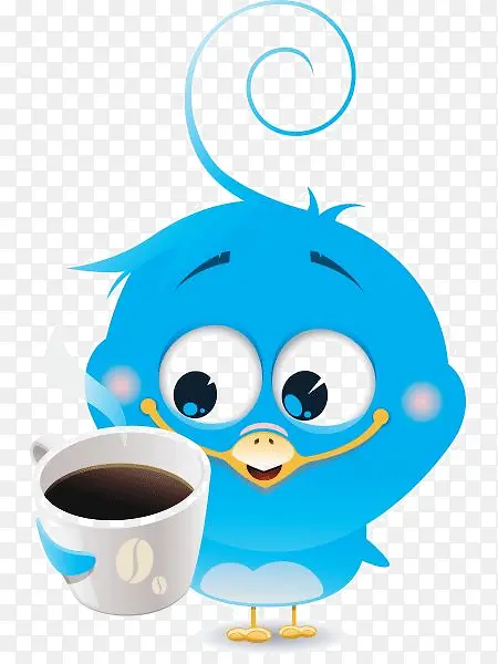 卡通蓝色喝咖啡小鸟