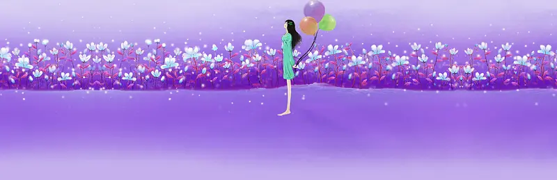 卡通紫色花丛女孩气球背景banner