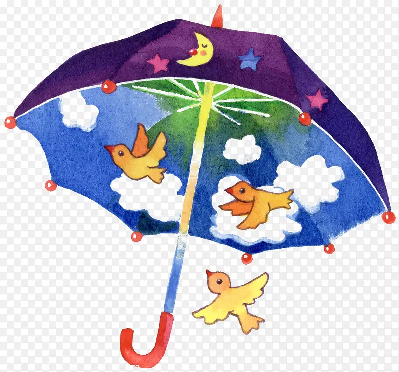 儿童画雨伞下的鸟儿们