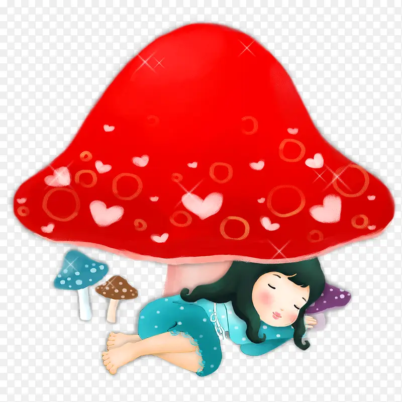 蘑菇下睡觉的小女孩