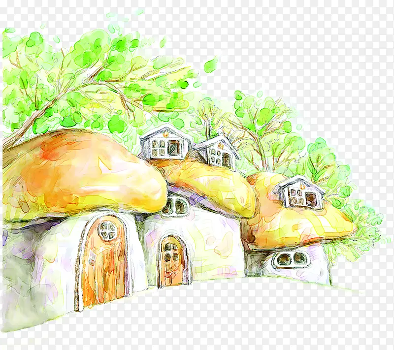 手绘黄色漫画蘑菇房子