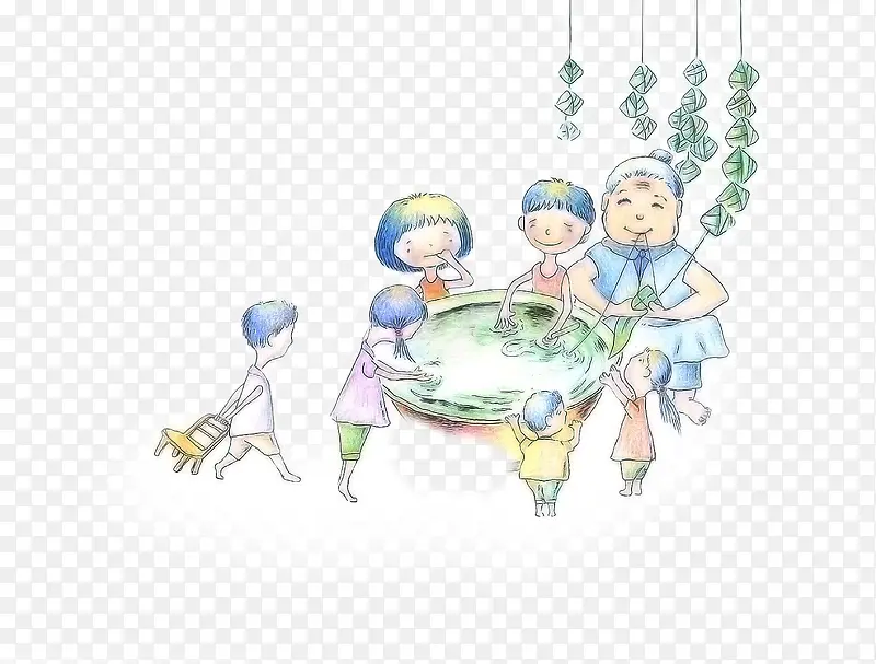 手绘端午人物家庭