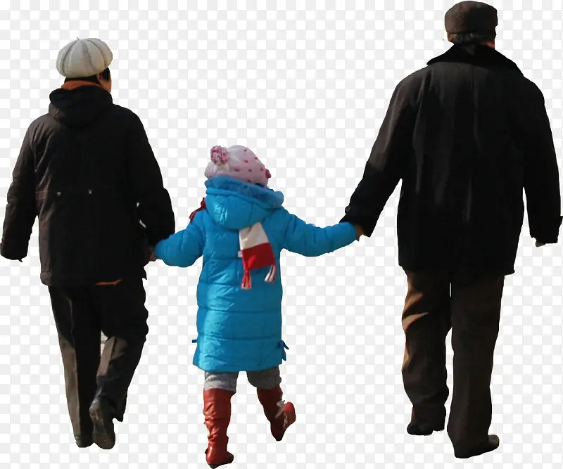三口家庭与孩子散步