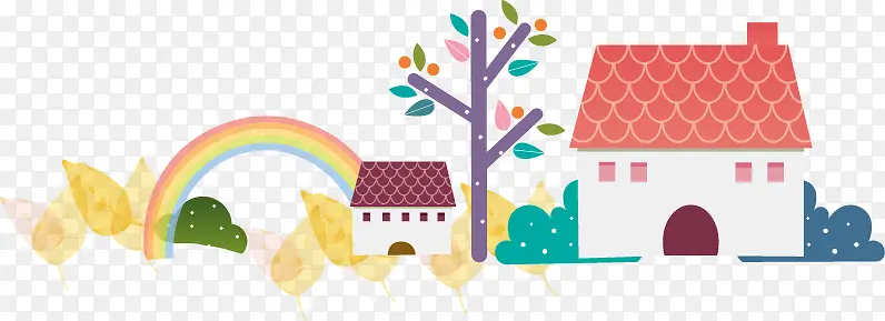 卡通彩虹房子小树