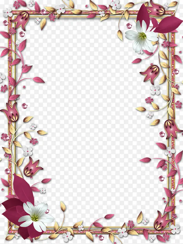 白色花朵粉色绿叶边框素材
