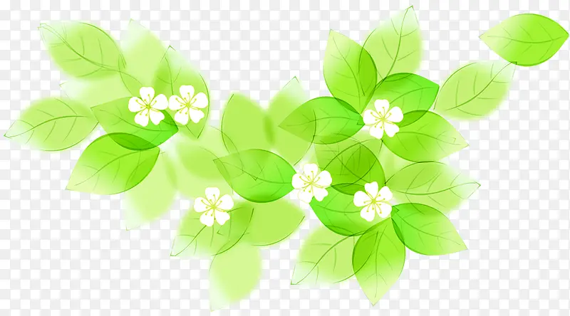 绿色卡通唯美树叶手绘白色花朵