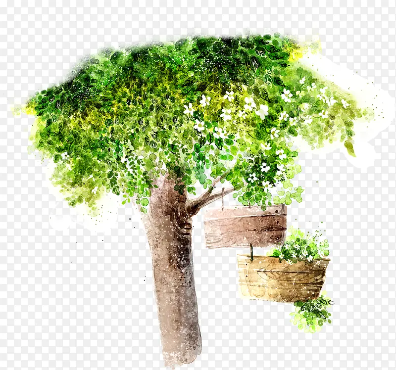手绘白色大树植物花朵