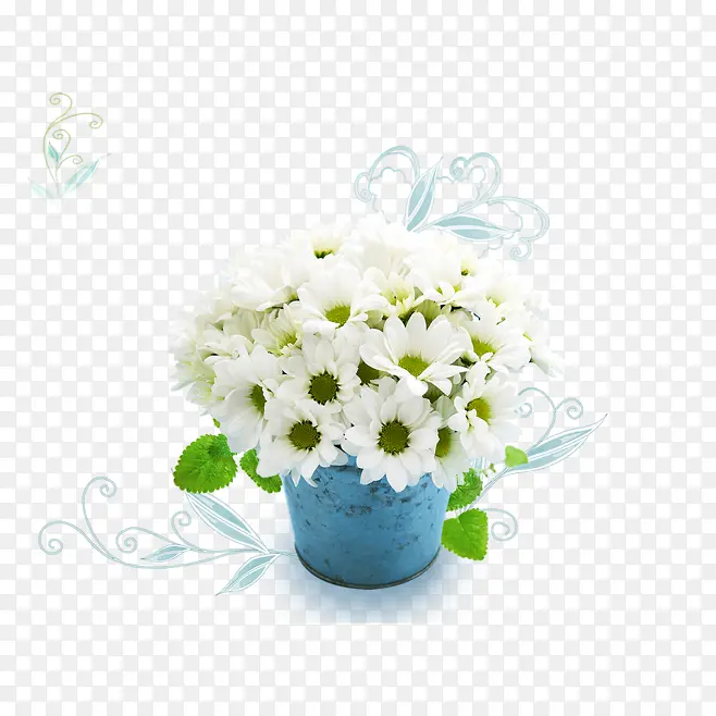 免抠白色花朵蓝色花盆