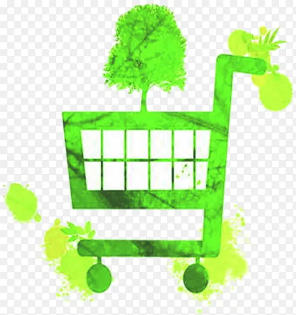 绿色环保购物车设计树木墨迹
