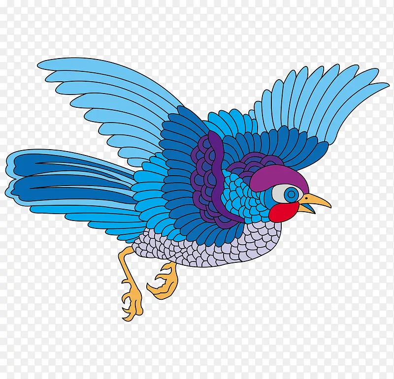 矢量漂亮蓝色羽毛传统绘画飞鸟
