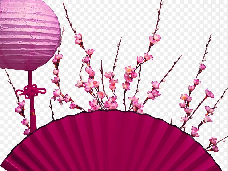粉色中国风扇子花枝装饰图案