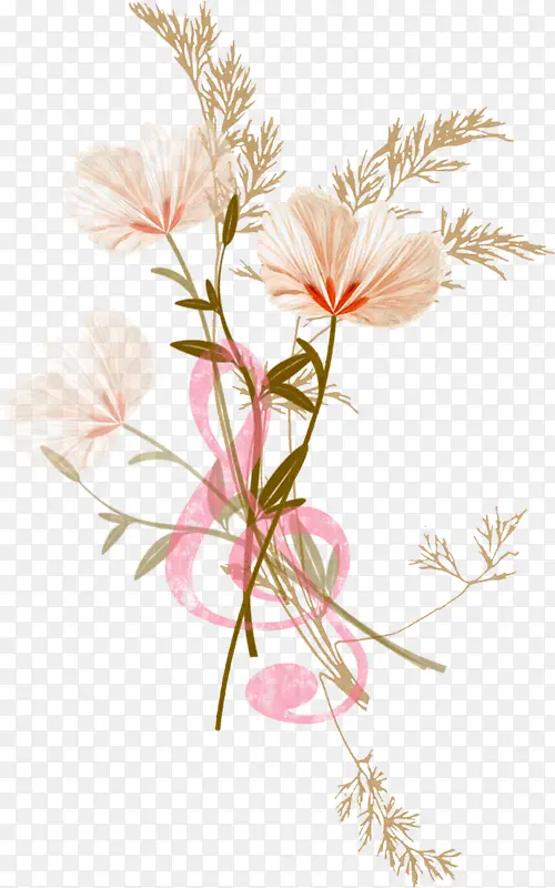 粉色小清新手绘花朵树叶装饰图案