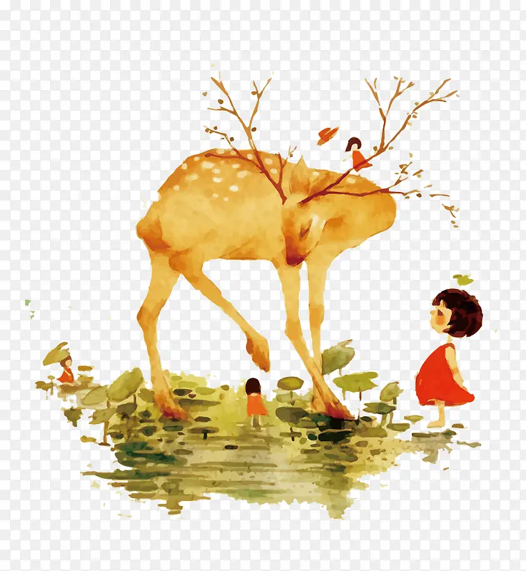 矢量水彩鹿和少女