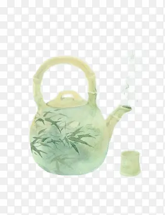 绿色竹叶茶壶手绘