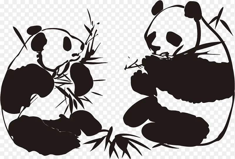 手绘黑色熊猫吃竹子创意