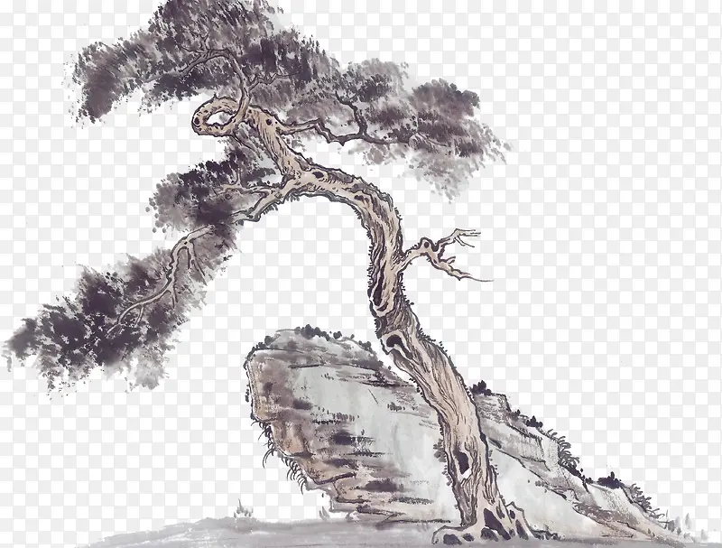 中国古风水墨岩树