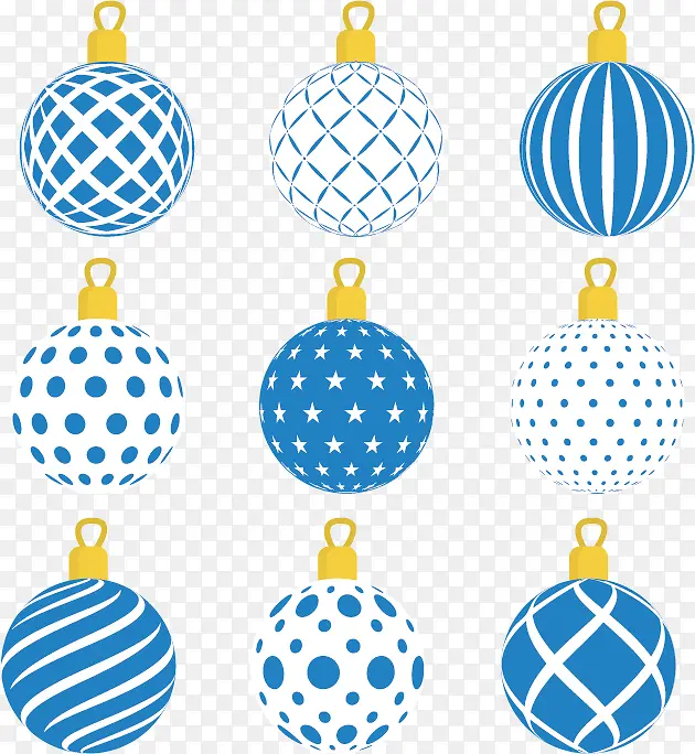 矢量手绘9个蓝色圣诞装饰彩球