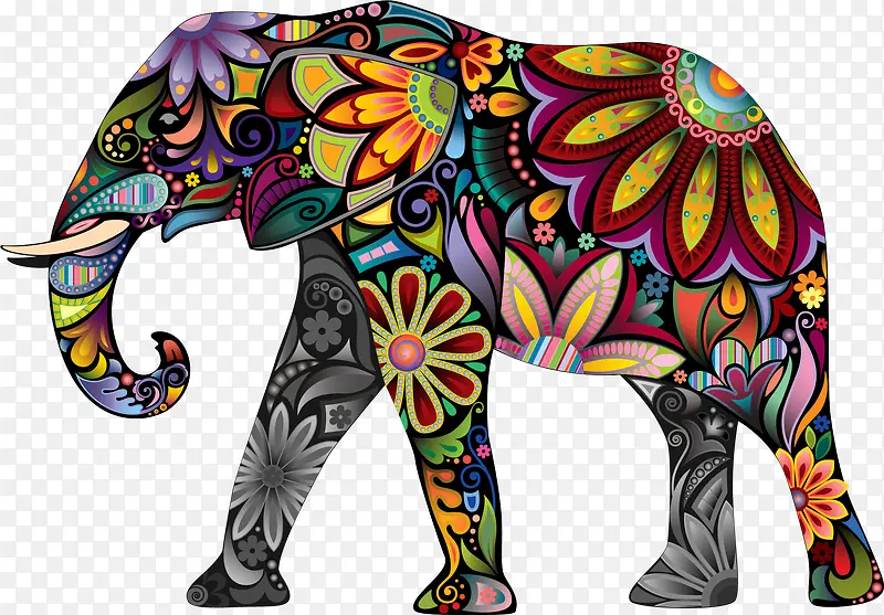 手绘彩色花朵大象图案