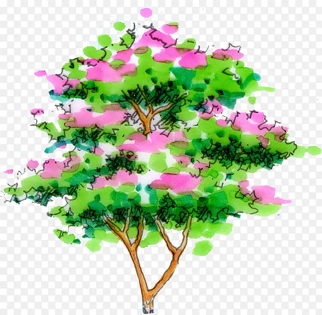 手绘粉色花朵植物大树