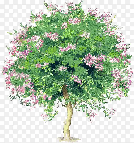 手绘夏季粉色花朵大树