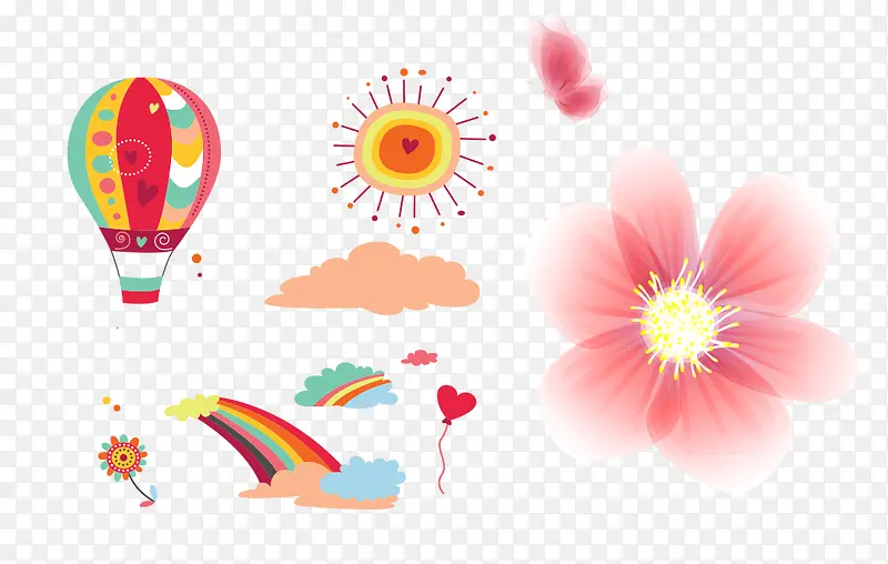 卡通热气球太阳彩虹云朵花朵