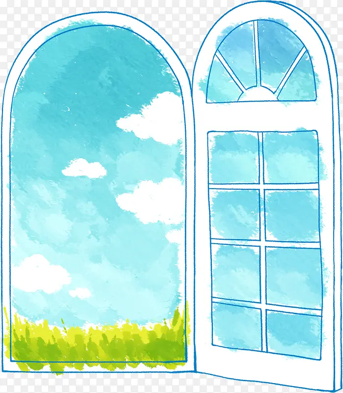 创意合成蓝色的水彩窗户