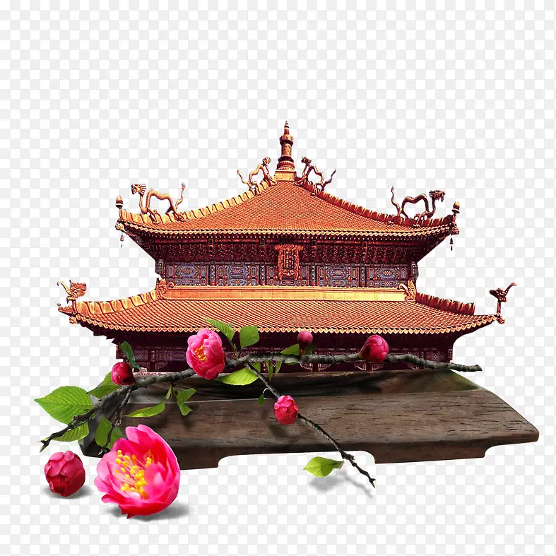 传统中式古建筑与粉色花枝装饰场景PNG图片素材下载_图片编号yrvvrpdl-免抠素材网