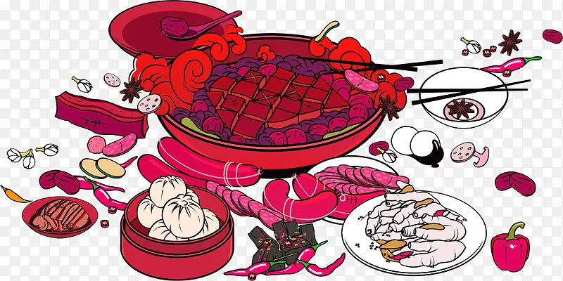 红色中国风美食装饰图案