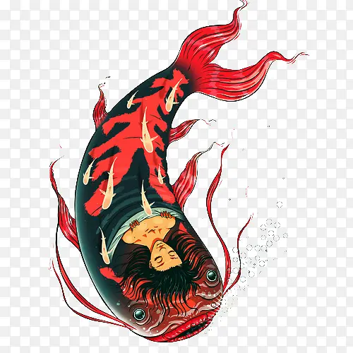 红色鲤鱼中国风卡通手绘插画鲤鱼