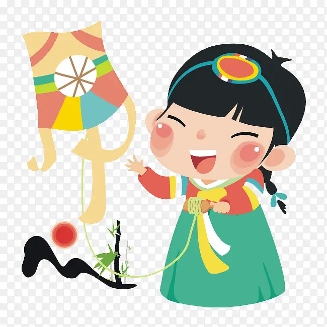 卡通韩国少女放风筝