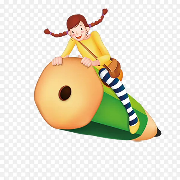 手绘坐在铅笔上的女学生元素