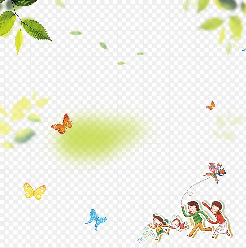 卡通放风筝孩子蝴蝶树叶背景