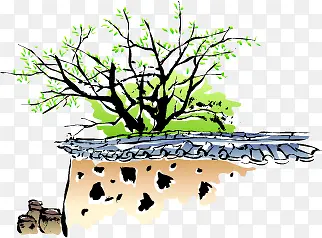 卡通人物房屋建筑彩色墨迹背景
