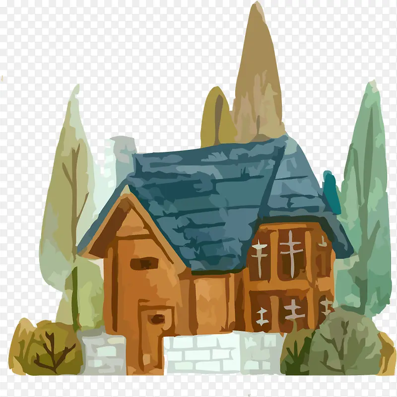 手绘房屋与树木
