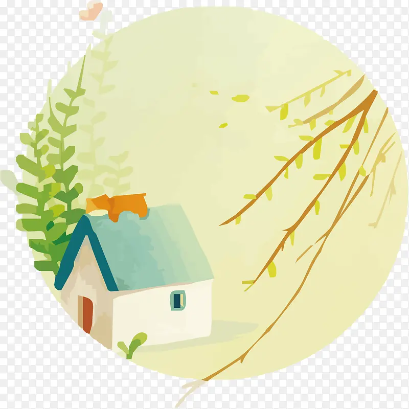 手绘房屋与植物