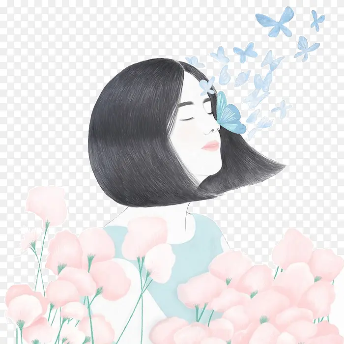 手绘少女和鲜花